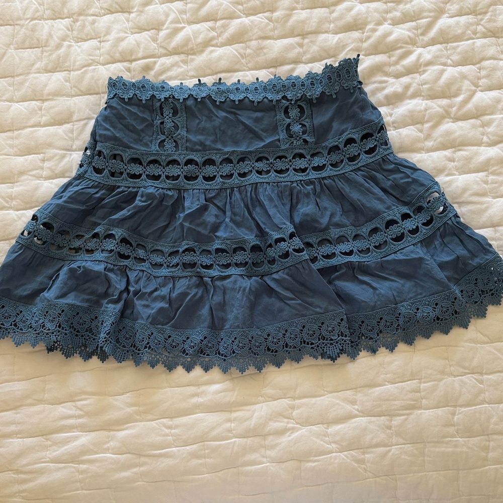 Elan Blue Tiered Lace-Trim Mini Skirt